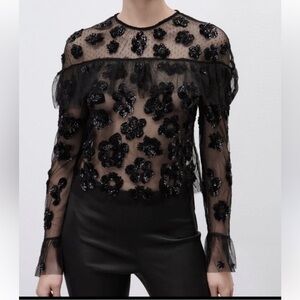 Zara Black Sheer Floral Sequin Blouse